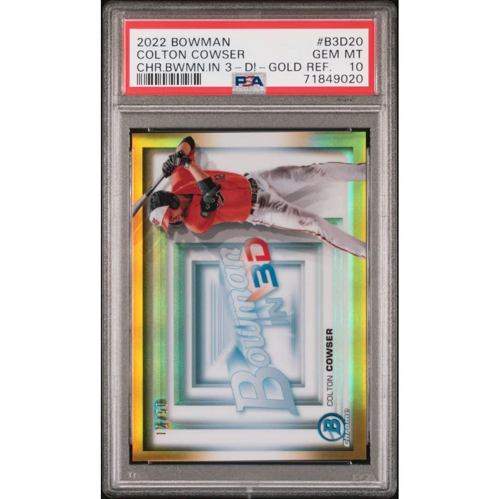 PSA graded Colton Cowser Gold Refractor card from 2022 Bowman Chrome 3-D set