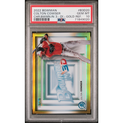 PSA graded Colton Cowser Gold Refractor card from 2022 Bowman Chrome 3-D set