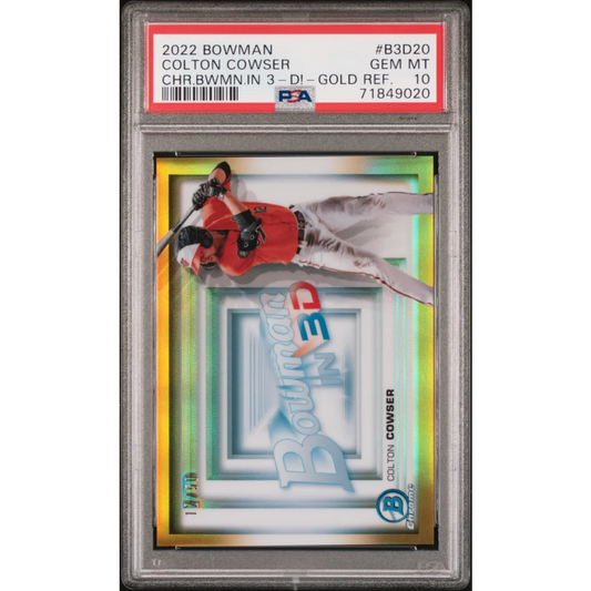 PSA graded Colton Cowser Gold Refractor card from 2022 Bowman Chrome 3-D set