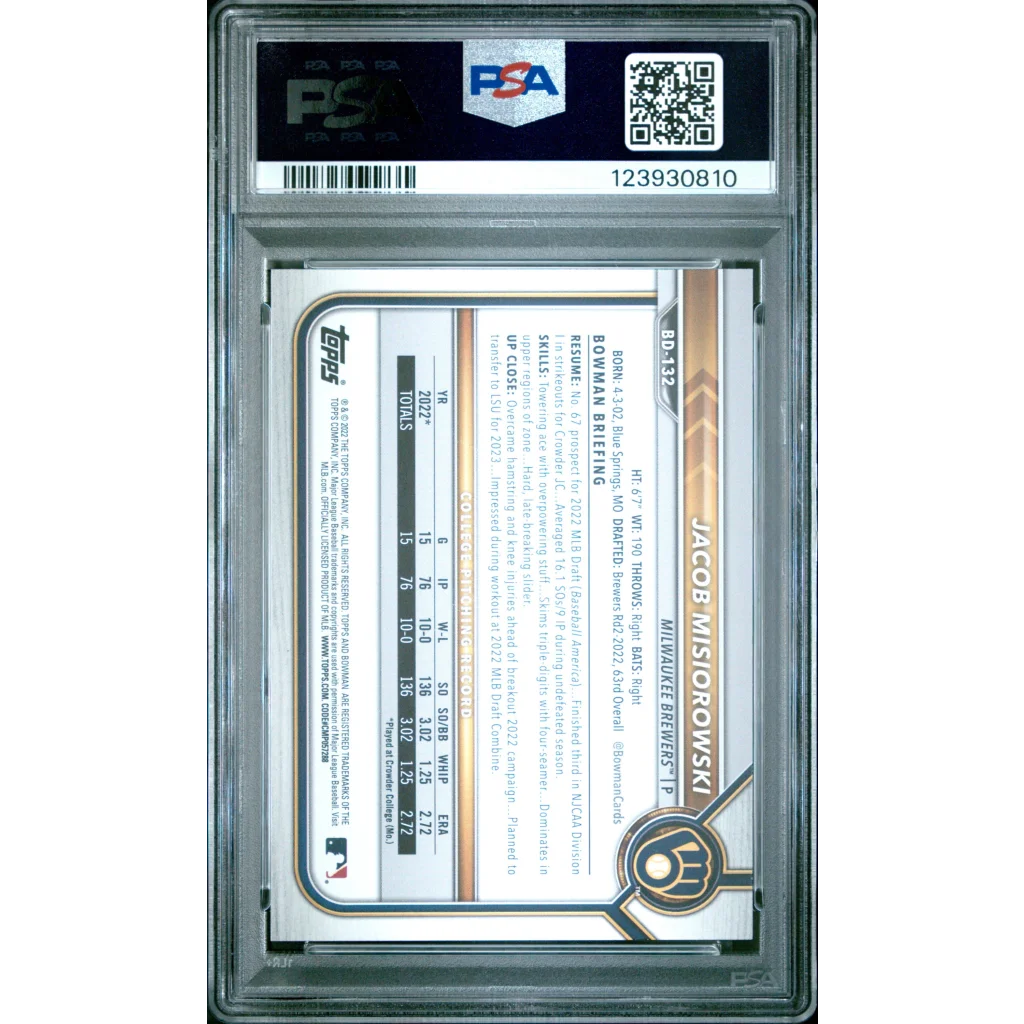 PSA 10 Graded 2022 Topps Bowman Draft Jacob Misiorowski Rookie Card