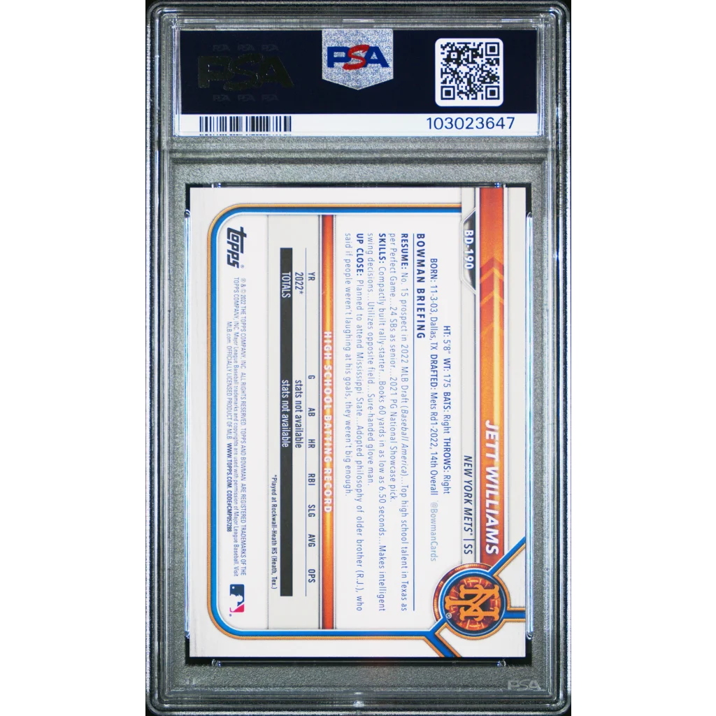Graded 2022 Bowman Draft Jett Williams Baseball Card in PSA case