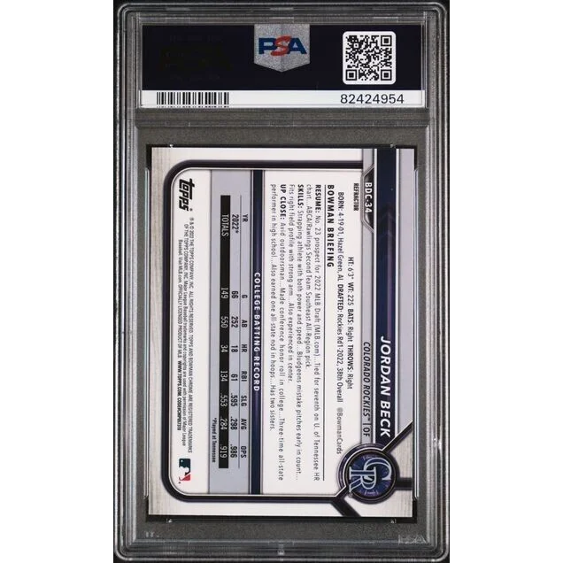 Graded 2022 Topps Bowman Draft Jordan Beck #BDC34 Chrome Refractor Rookie RC Baseball Card PSA 10 Gem Mint | PSA 10 Gem Mint Graded Rookie Card | vintageantiquesgifts.com
