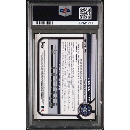 Graded 2022 Topps Bowman Draft Jordan Beck #BDC34 Chrome Refractor Rookie RC Baseball Card PSA 10 Gem Mint | PSA 10 Gem Mint Graded Rookie Card | vintageantiquesgifts.com