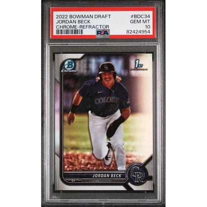 A graded PSA 2022 Bowman Draft Jordan Beck Chrome Refractor baseball card