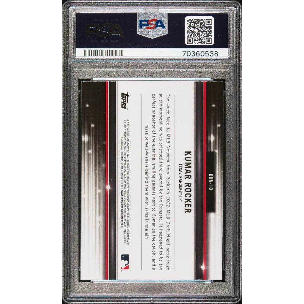 Graded 2022 Topps Bowman Draft Kumar Rocker #BDN10 Bowman Draft Night Rookie RC Baseball Card PSA 10 Gem Mint | PSA 10 Gem Mint Graded Rookie Card | vintageantiquesgifts.com