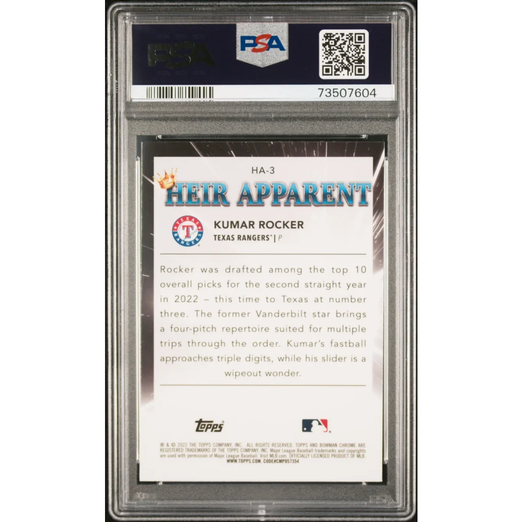 Graded 2022 Topps Bowman Draft Kumar Rocker #HA3 Heir Apparent Rookie RC Baseball Card PSA 10 Gem Mint | PSA 10 Gem Mint Graded Rookie Card | vintageantiquesgifts.com