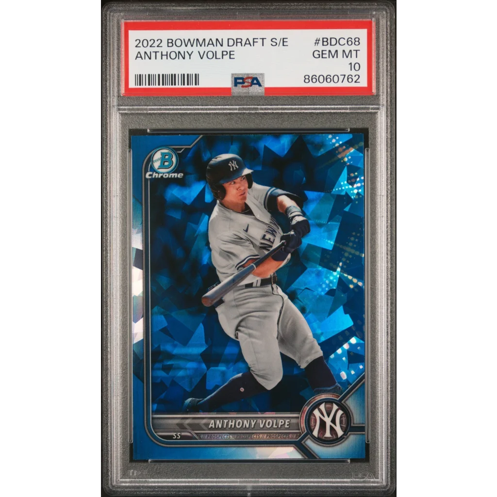 A graded Anthony Volpe baseball card in PSA case ready for collection