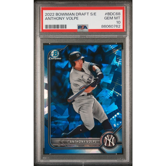 A graded Anthony Volpe baseball card in PSA case ready for collection