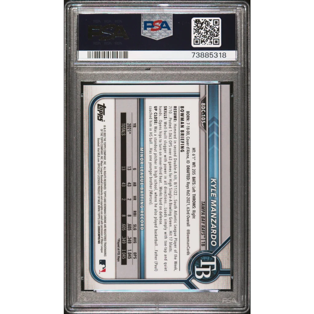 Graded 2022 Topps Bowman Draft Sapphire Edition Kyle Manzardo #105 Rookie RC Baseball Card PSA 10 Gem Mint | PSA 10 Gem Mint Graded Rookie Card | vintageantiquesgifts.com