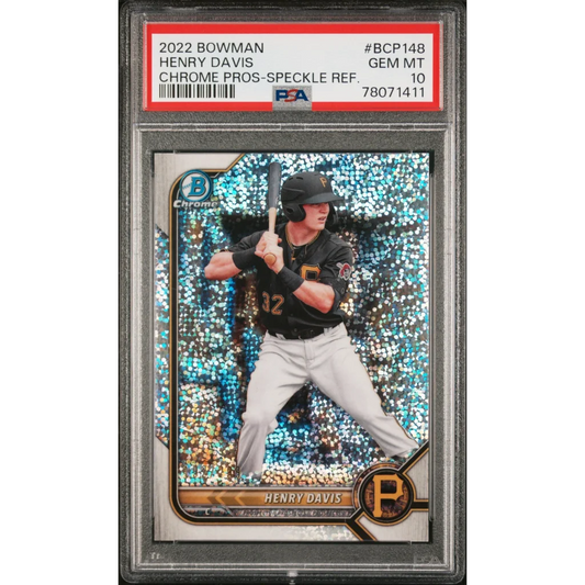 A graded Gem Mint 10 2022 Bowman Chrome Henry Davis Speckle Refractor Baseball Card