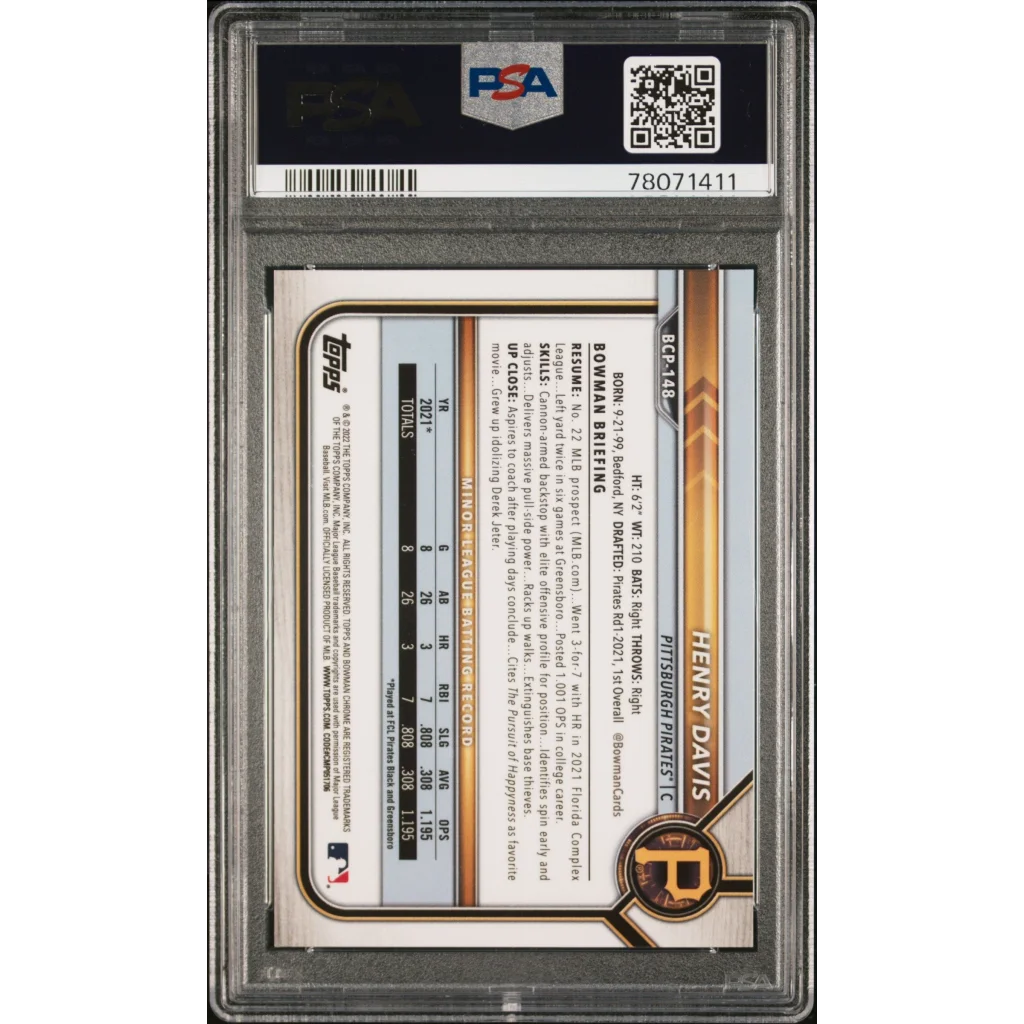 Graded PSA 10 2022 Topps Bowman Henry Davis #BCP148 Speckle Refractor Rookie Card