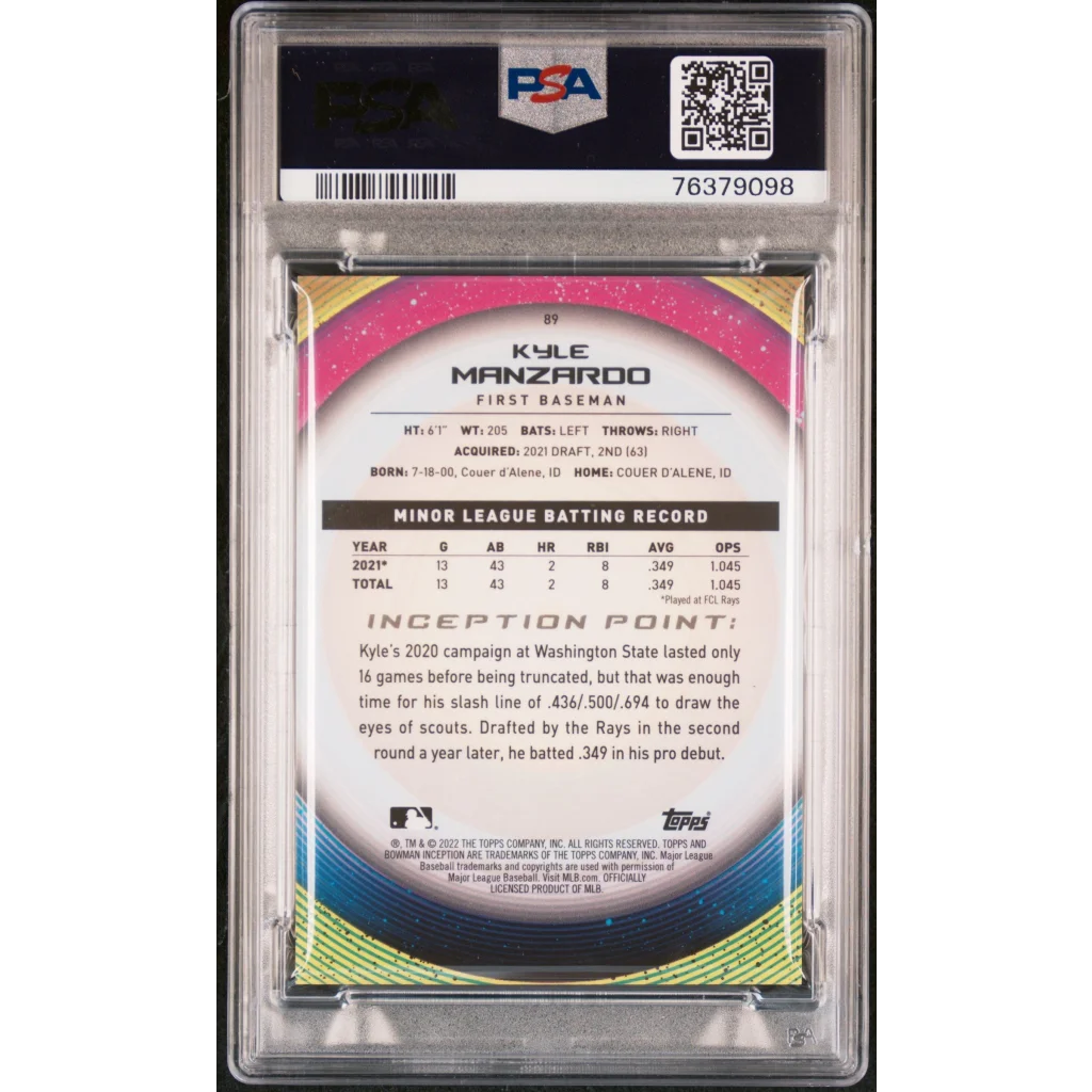 Graded 2022 Topps Bowman Inception Kyle Manzardo #89 Gold Foil Pattern II #/50 Rookie RC Baseball Card PSA 10 Gem Mint | PSA 10 Gem Mint Graded Rookie Card | vintageantiquesgifts.com