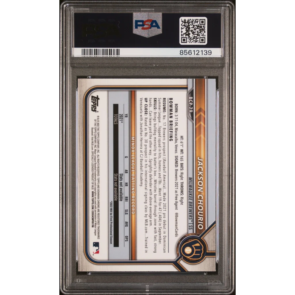 Graded 2022 Topps Bowman Jackson Chourio #BCP79 Chrome Prospects Rookie RC Baseball Card PSA 10 Gem Mint | PSA 10 Gem Mint Graded Rookie Card | vintageantiquesgifts.com