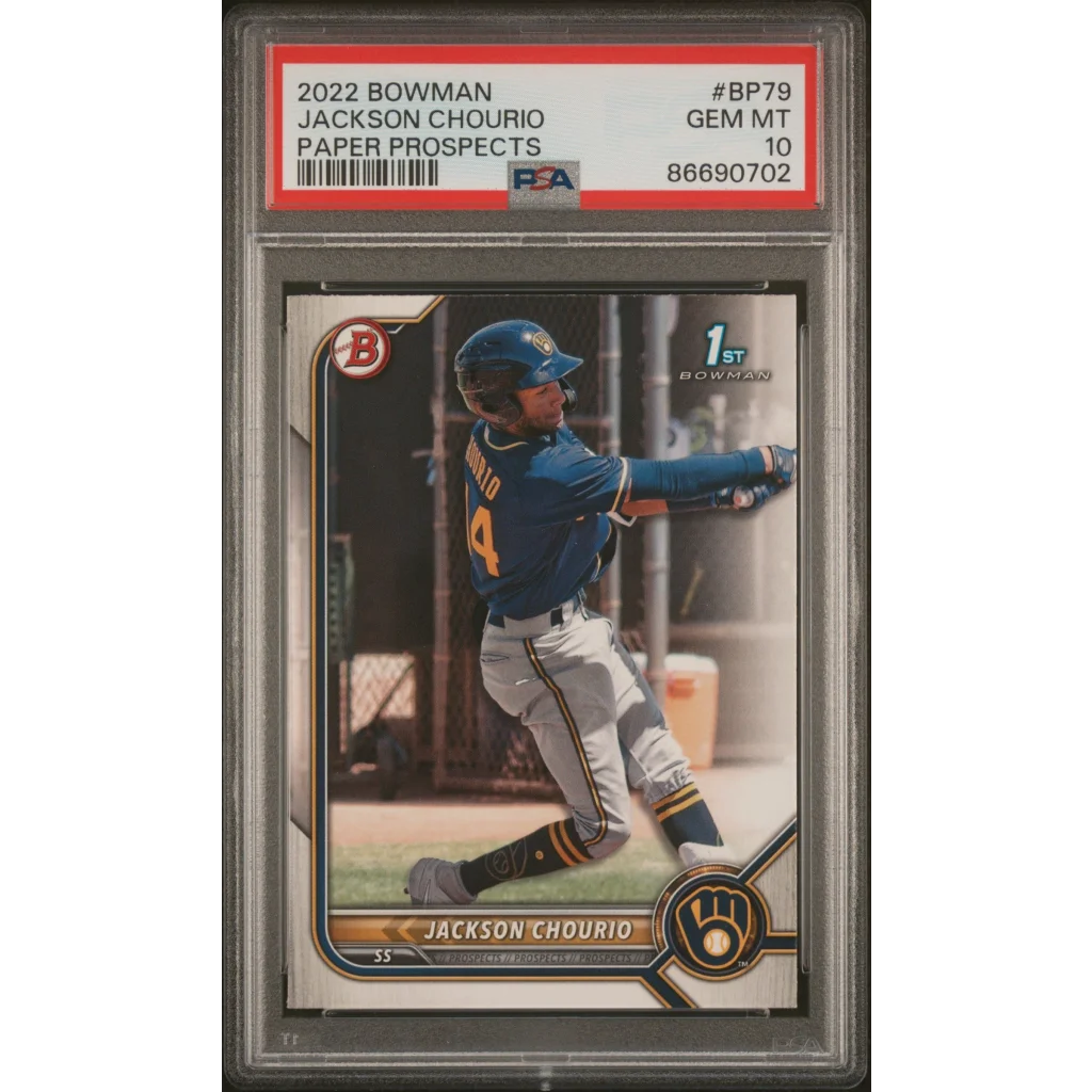 Graded 2022 Topps Bowman Jackson Chourio #BP79 Paper Prospects Rookie RC Baseball Card PSA 10 Gem Mint | Hall of Fame Sports Memorabilia | vintageantiquesgifts.com