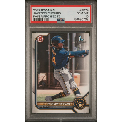 Graded 2022 Topps Bowman Jackson Chourio #BP79 Paper Prospects Rookie RC Baseball Card PSA 10 Gem Mint | Hall of Fame Sports Memorabilia | vintageantiquesgifts.com