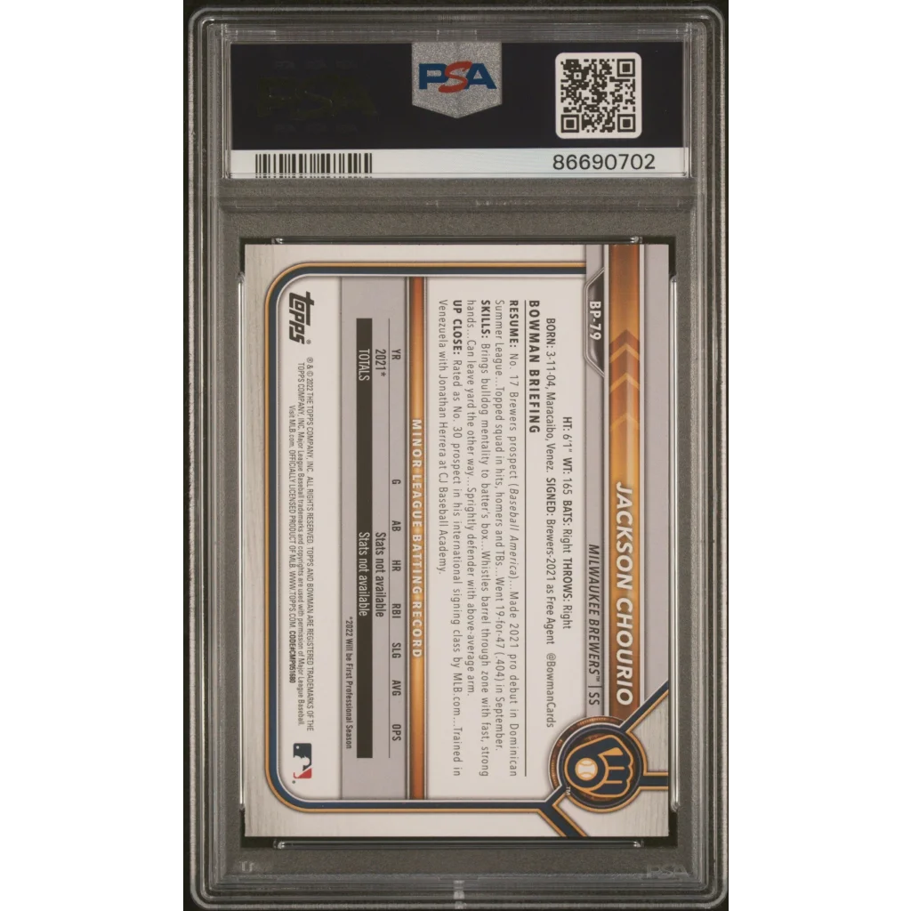 Graded 2022 Topps Bowman Jackson Chourio #BP79 Paper Prospects Rookie RC Baseball Card PSA 10 Gem Mint | PSA 10 Gem Mint Graded Rookie Card | vintageantiquesgifts.com