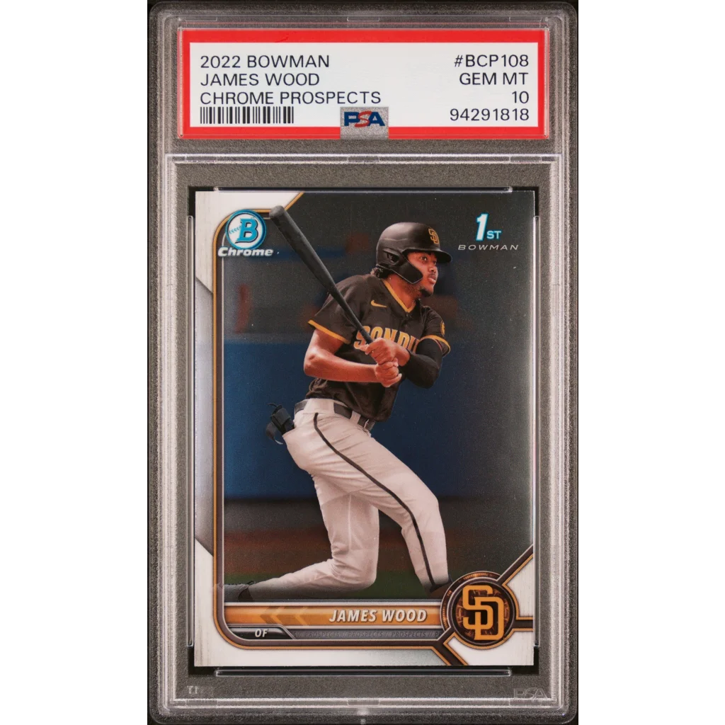 PSA Graded 2022 Bowman James Wood Chrome Prospects baseball card showing front view