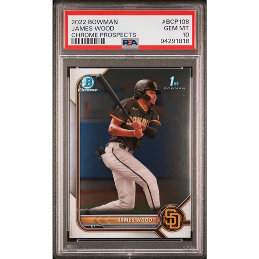 PSA Graded 2022 Bowman James Wood Chrome Prospects baseball card showing front view