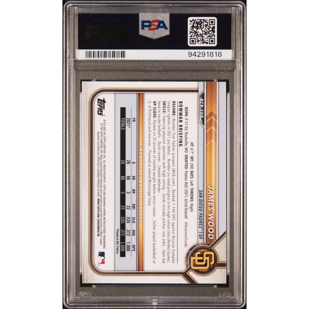 Graded 2022 Topps Bowman James Wood #BCP108 Chrome Prospects Rookie RC Baseball Card PSA 10 Gem Mint | PSA 10 Gem Mint Graded Rookie Card | vintageantiquesgifts.com