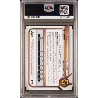 Graded 2022 Bowman James Wood Chrome Prospects Baseball Card in PSA holder