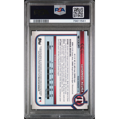 Encased PSA 10 Luisangel Acuna Chrome Aqua Shimmer Refractor baseball card with player stats