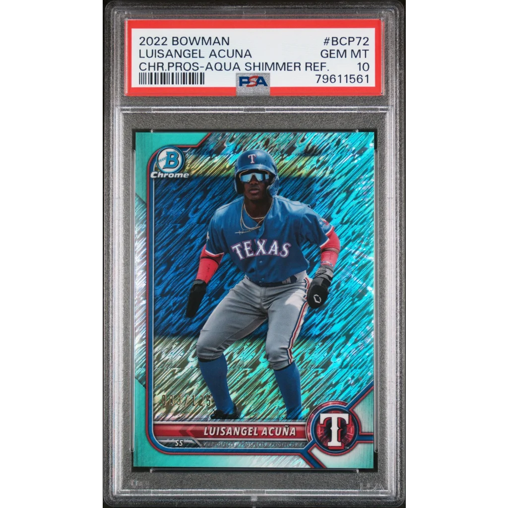 Graded 2022 Topps Bowman Luisangel Acuna #BCP72 Chrome Prospects Aqua Shimmer Refractor #/125 Rookie RC Baseball Card PSA 10 Gem Mint | Hall of Fame Sports Memorabilia | vintageantiquesgifts.com