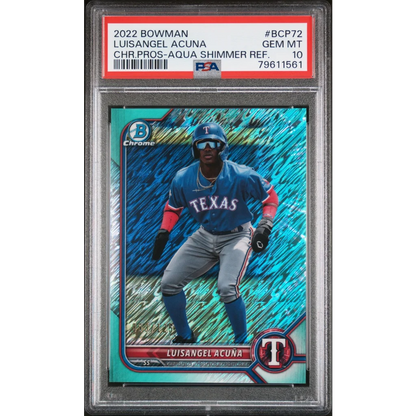 Graded 2022 Topps Bowman Luisangel Acuna #BCP72 Chrome Prospects Aqua Shimmer Refractor #/125 Rookie RC Baseball Card PSA 10 Gem Mint | Hall of Fame Sports Memorabilia | vintageantiquesgifts.com