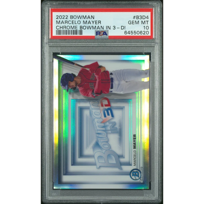 Graded 2022 Topps Bowman Marcelo Mayer #B3D4 Chrome Bowman in 3-D! Rookie RC Baseball Card PSA 10 Gem Mint | Hall of Fame Sports Memorabilia | vintageantiquesgifts.com