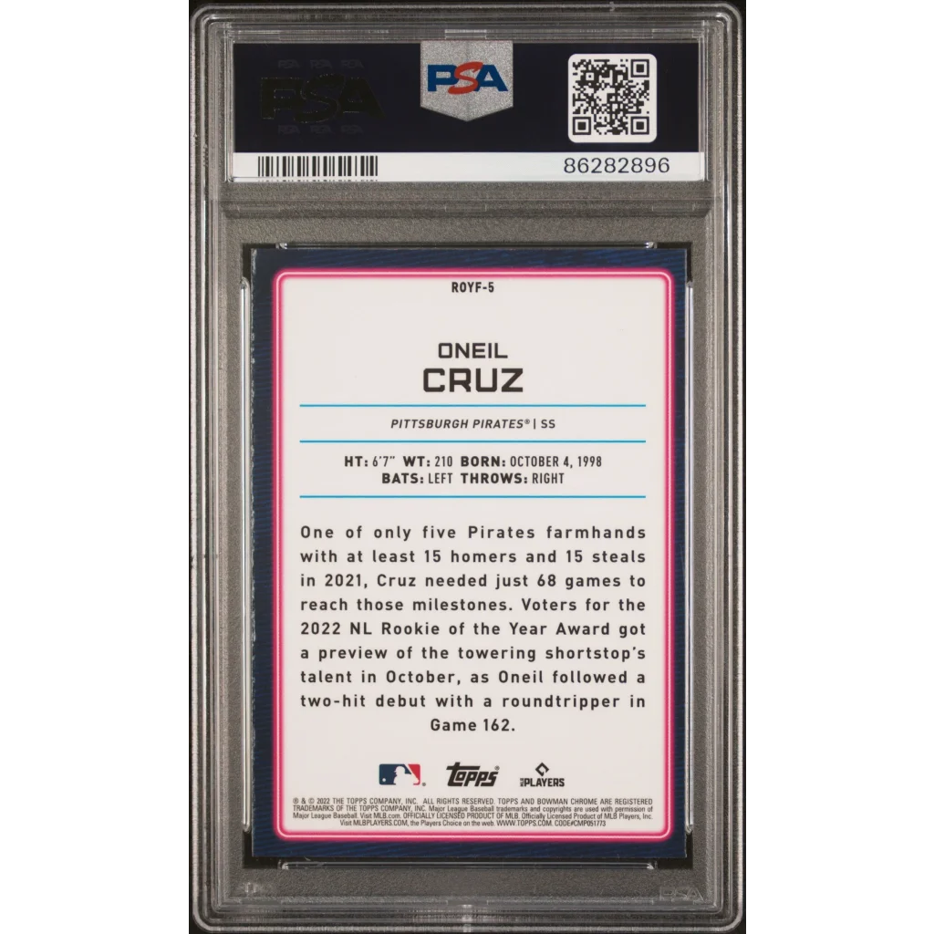 PSA 10 Graded 2022 Topps Bowman Oneil Cruz Chrome ROY Rookie Card Back