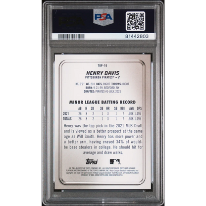 PSA 10 graded 2022 Topps Bowman Platinum Henry Davis rookie card in aqua ice foil slab