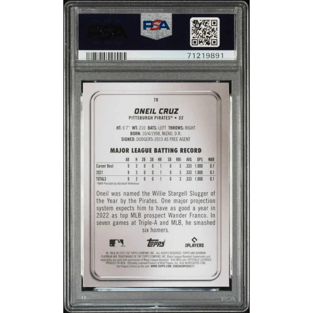 PSA Graded Oneil Cruz 2022 Bowman Platinum Rookie Card baseball card image