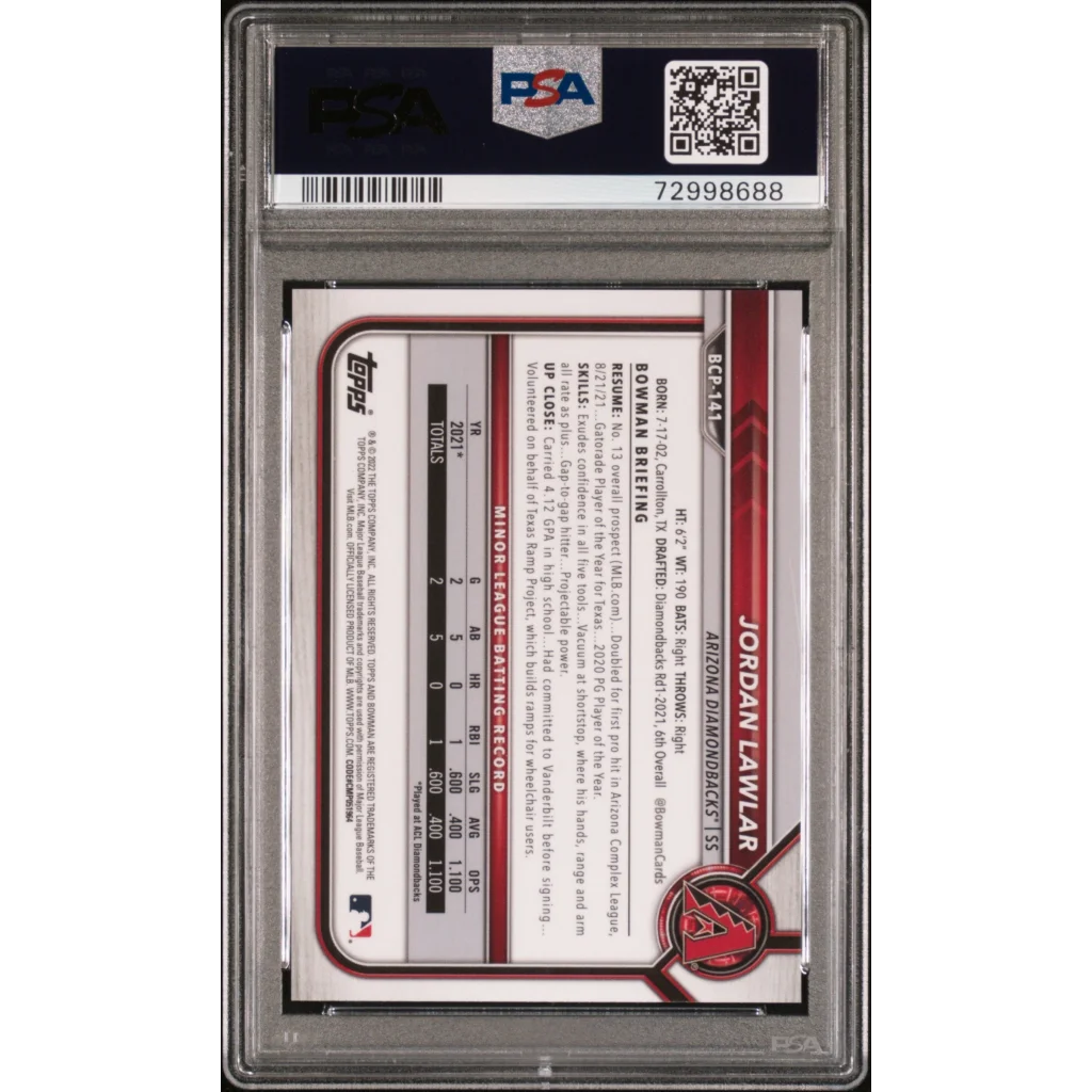 Graded 2022 Topps Bowman Sapphire Edition Jordan Lawler #BCP141 Chrome Prospects Aqua #/55 Rookie RC Baseball Card PSA 10 Gem Mint | PSA 10 Gem Mint Graded Rookie Card | vintageantiquesgifts.com