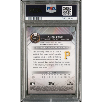 Graded 2022 Topps Bowman Sterling Oneil Cruz #BSR21 Rookie RC Baseball Card PSA 10 Gem Mint | PSA 10 Gem Mint Graded Rookie Card | vintageantiquesgifts.com