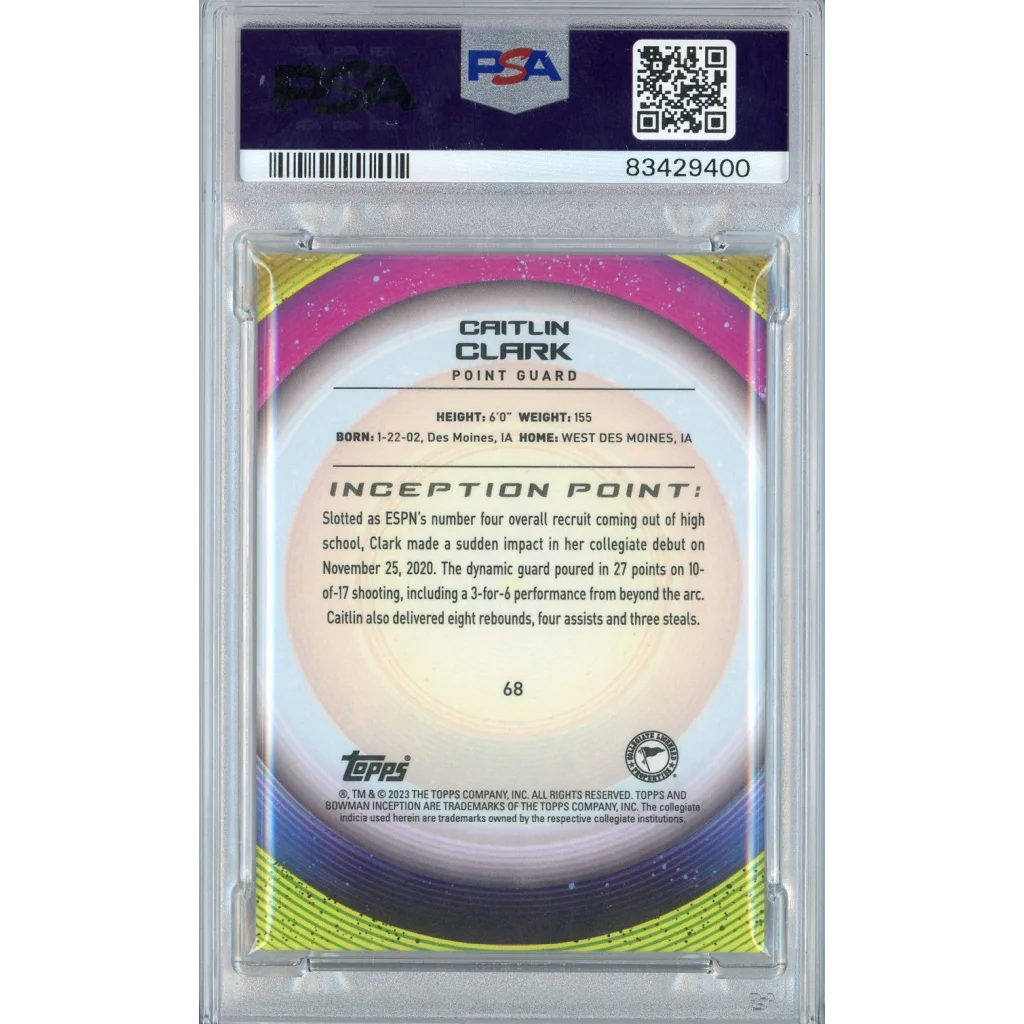 PSA graded Caitlin Clark Topps Inception basketball card on display