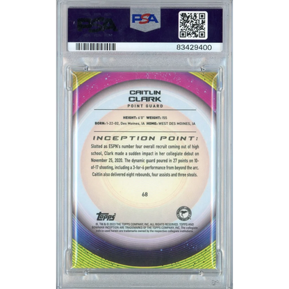 PSA graded Caitlin Clark Topps Inception basketball card on display