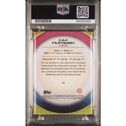 Graded 2022 Topps Bowman U Inception Kyle Filipowski #94 Aqua V Foil #/199 Rookie RC Basketball Card PSA 10 Gem Mint | PSA 10 Gem Mint Graded Rookie Card | vintageantiquesgifts.com