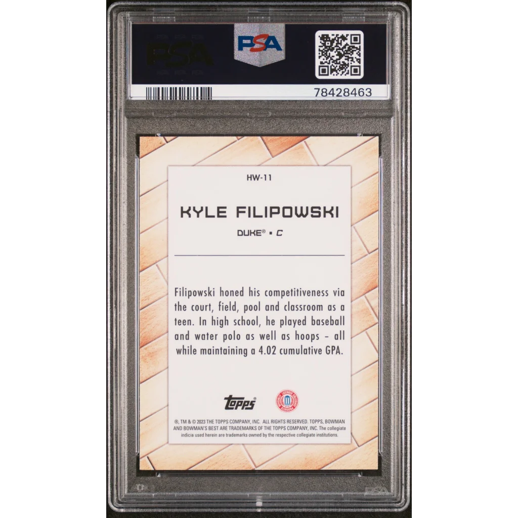PSA 10 Graded Kyle Filipowski Duke Rookie Card on Wood Grain Background