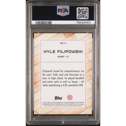 PSA 10 Graded Kyle Filipowski Duke Rookie Card on Wood Grain Background