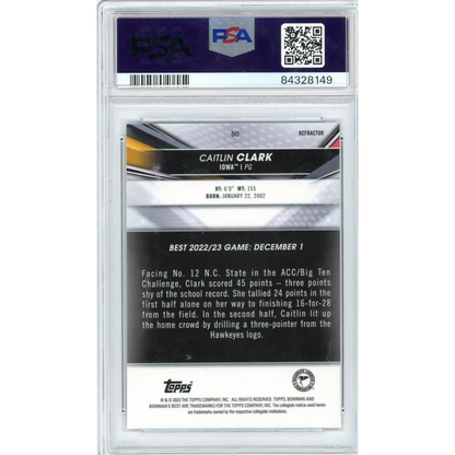 Graded PSA 10 gem mint 2022 Topps Bowman Caitlin Clark refractor rookie card