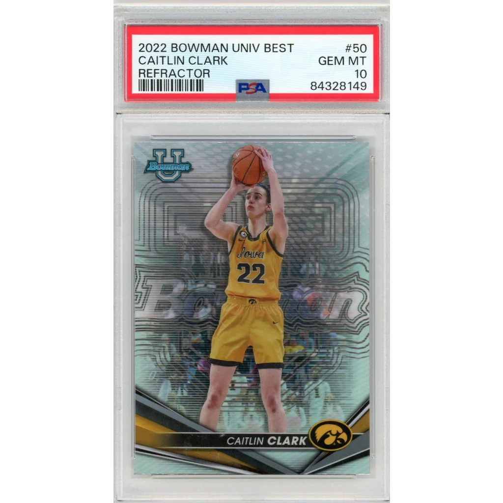 Graded PSA 10 2022 Bowman University Caitlin Clark #50 Refractor Rookie Card
