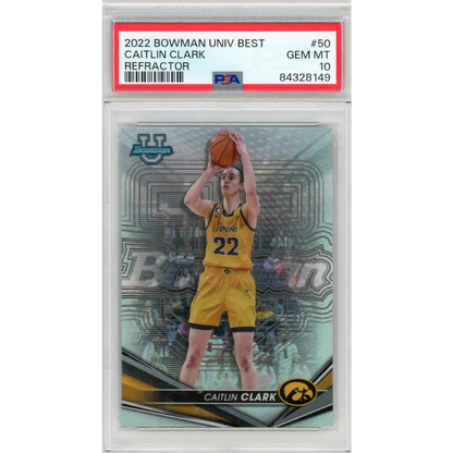 Graded PSA 10 2022 Bowman University Caitlin Clark #50 Refractor Rookie Card