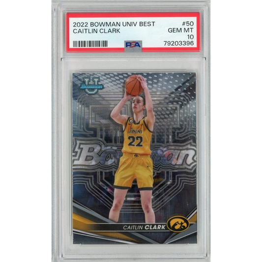 A graded 2022 Bowman University Caitlin Clark basketball card in PSA case
