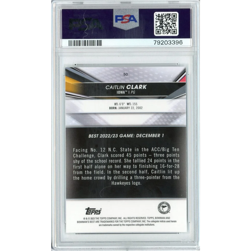 Graded Caitlin Clark 2022 Bowman University basketball card in PSA case