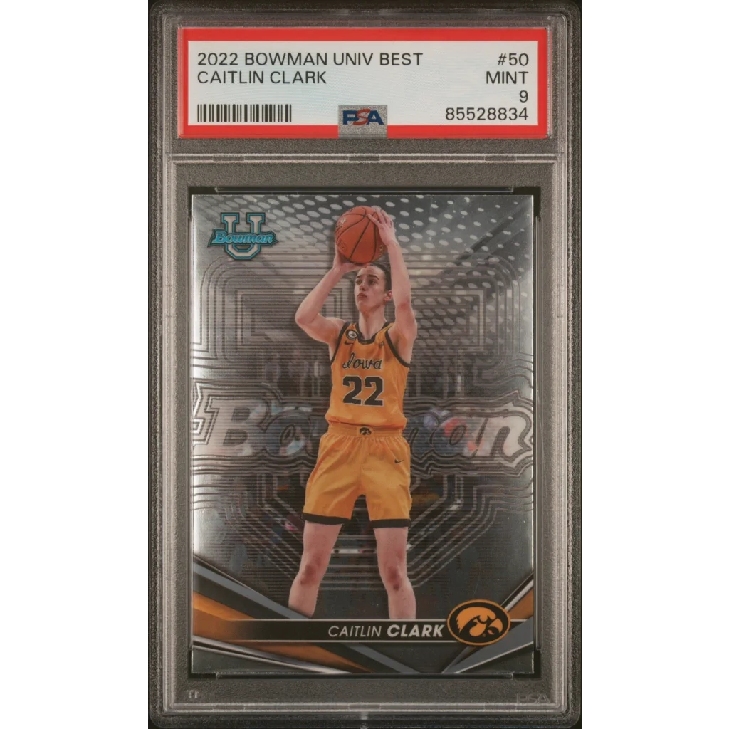 A graded 2022 Bowman Caitlin Clark Rookie Basketball Card in PSA case