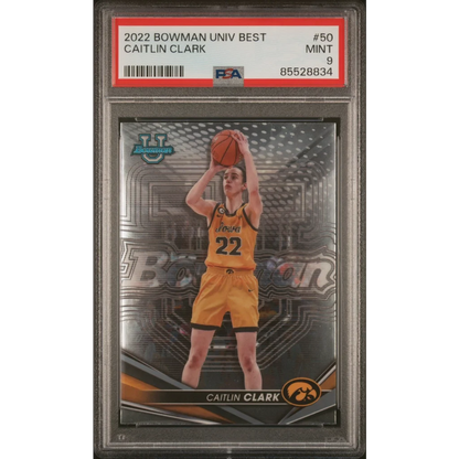 A graded 2022 Bowman Caitlin Clark Rookie Basketball Card in PSA case