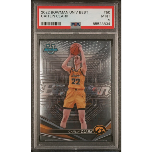 A graded 2022 Bowman Caitlin Clark Rookie Basketball Card in PSA case