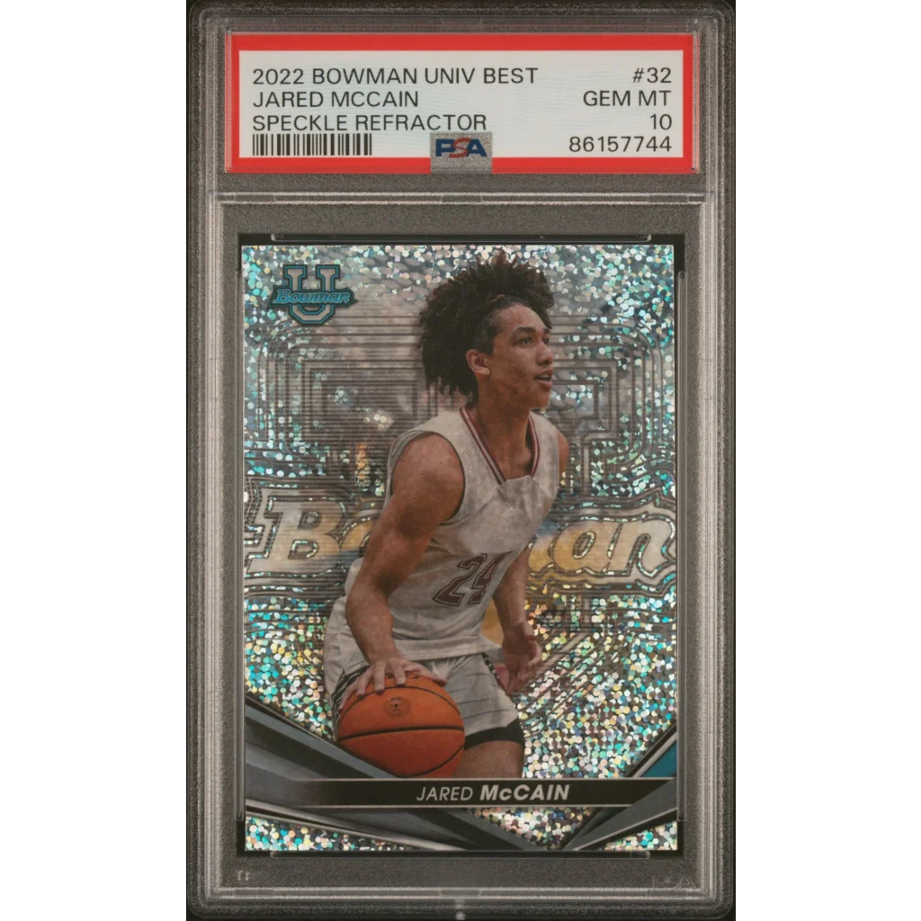 PSA Graded Jared McCain 2022 Bowman University Best Speckle Refractor basketball card