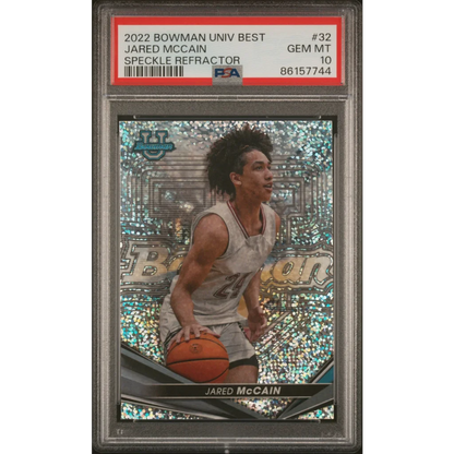 PSA Graded Jared McCain 2022 Bowman University Best Speckle Refractor basketball card