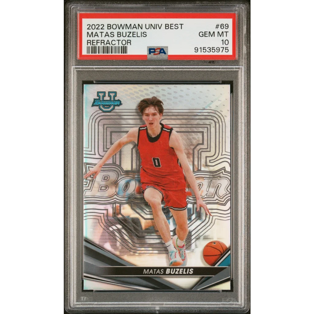 PSA graded Matas Buzelis Bowman University Best basketball card on display