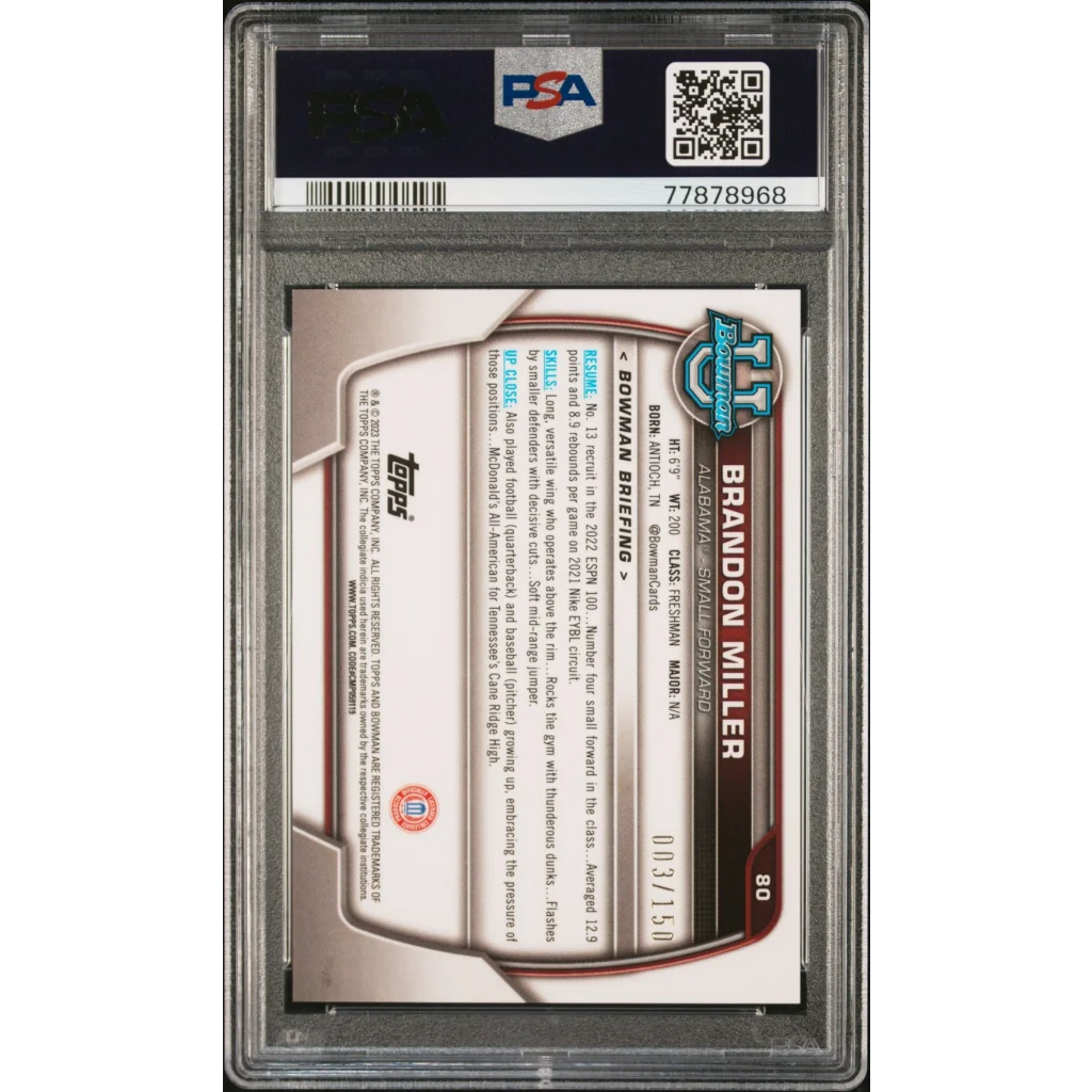 PSA 10 Graded 2022 Topps Bowman Brandon Miller Fuchsia Mini Diamond Refractor Rookie Card